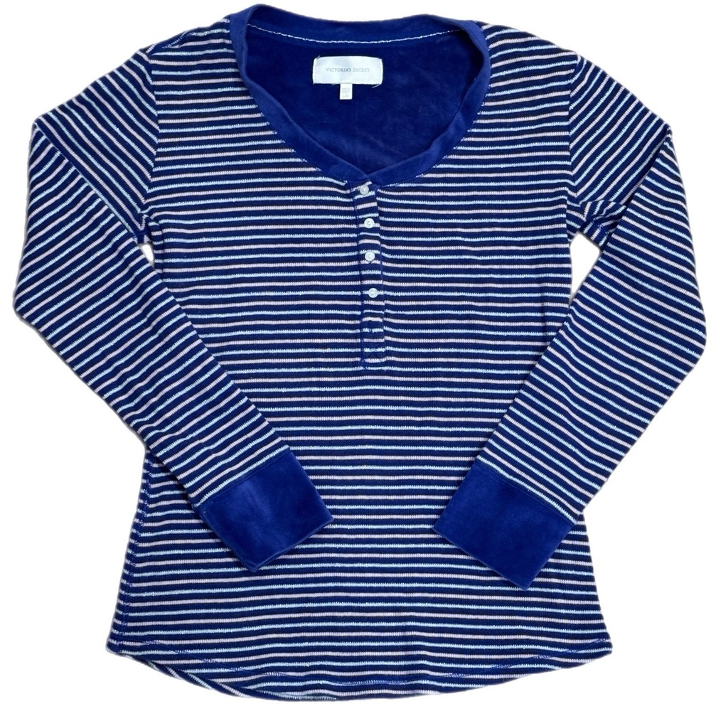 Victoria's Secret Pajama Top Blue Striped Velour Trim Henley Shimmer Large